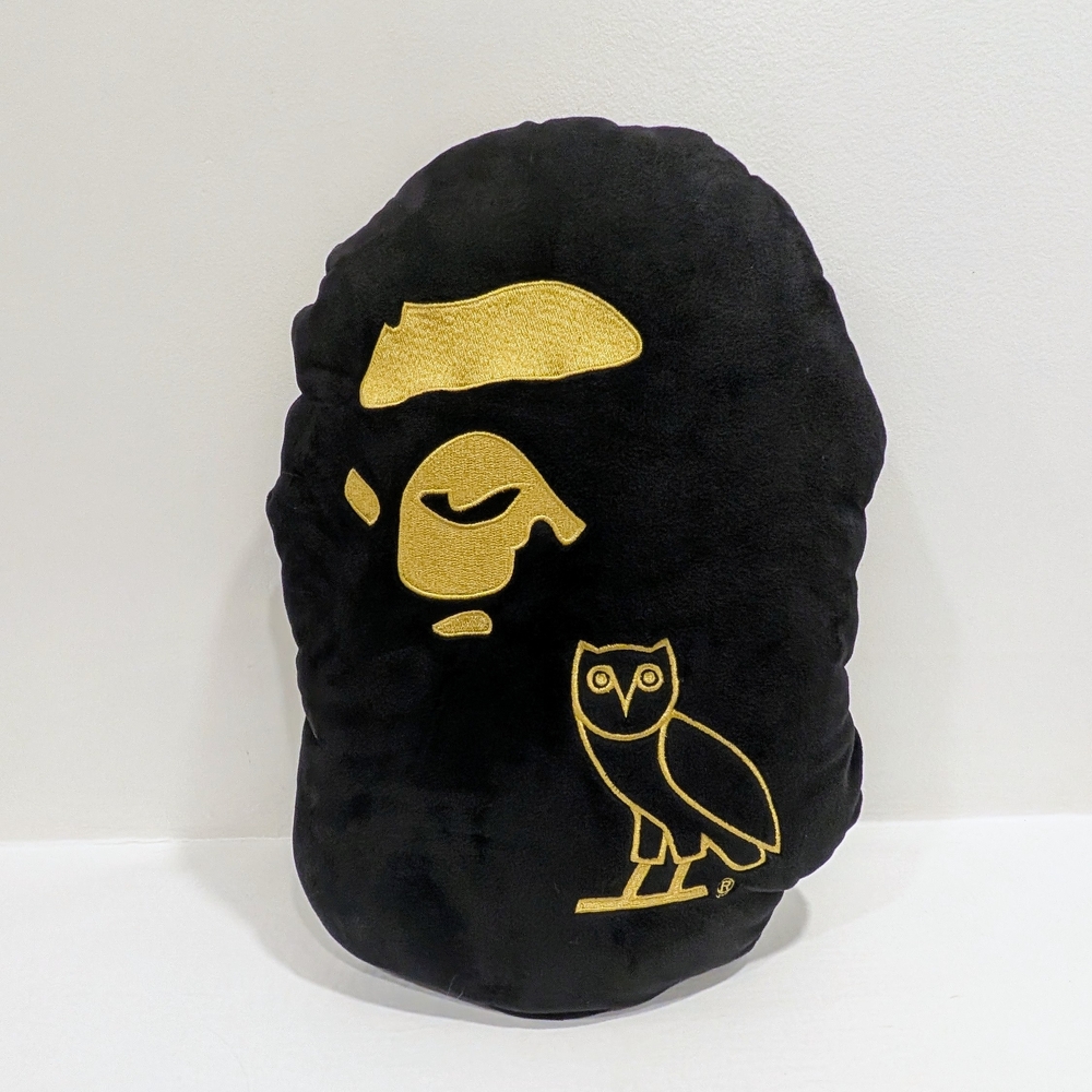 Bape X OVO Black and Gold Embroidered Plush Ape Head Pillow